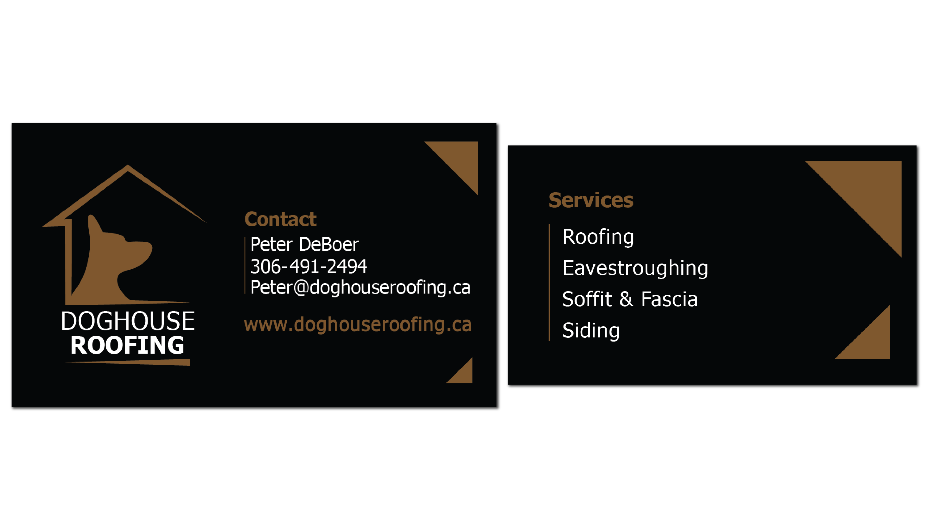 doghouse roofing business card exmaple black background with white and golden brown text