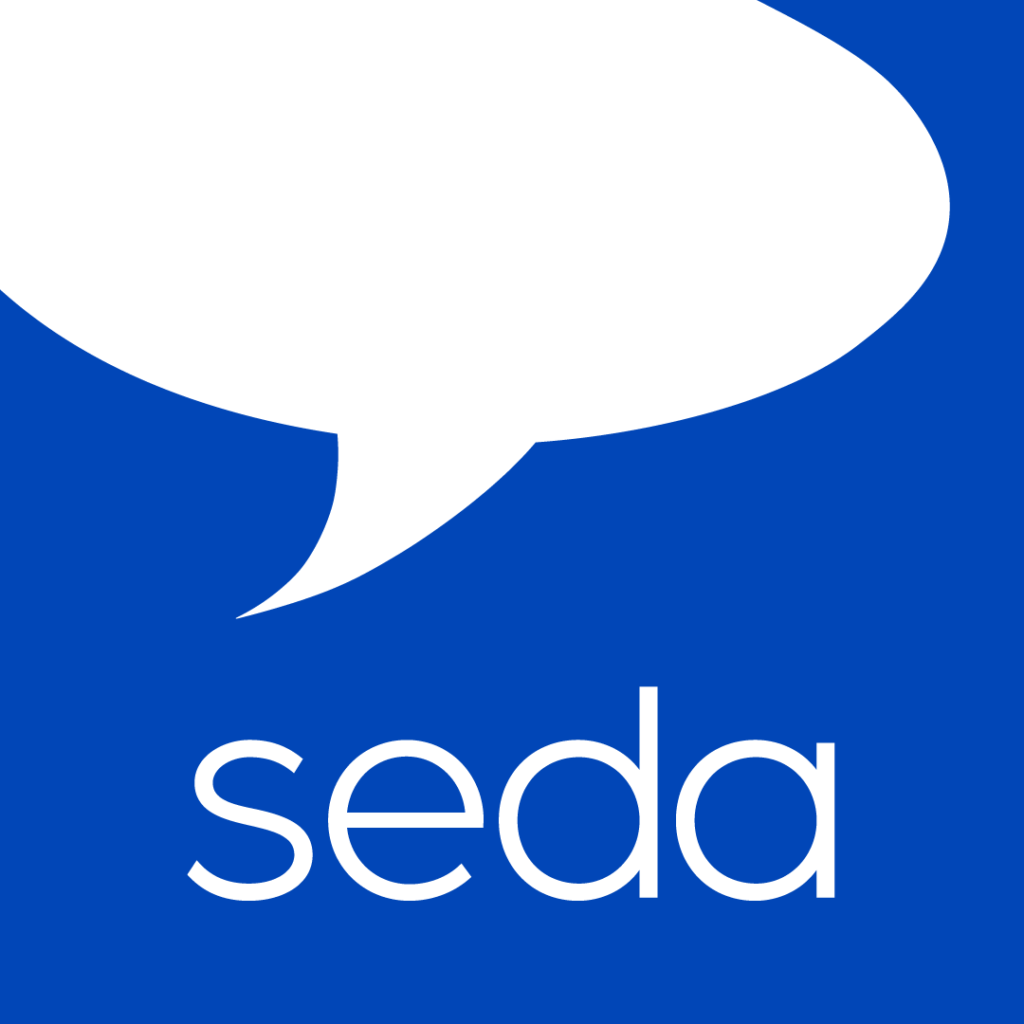 SEDA blue and white logo speech bubble