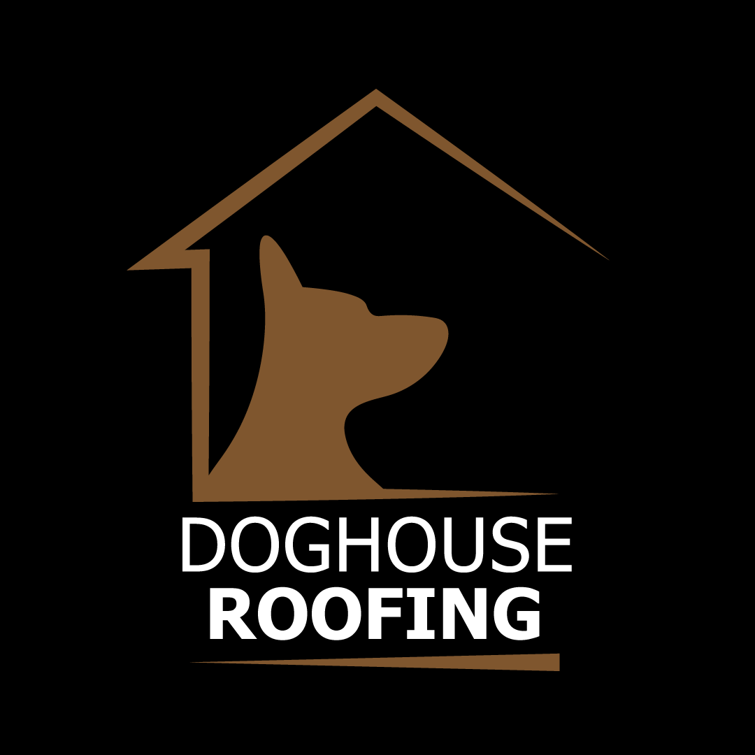 Doghouse Roofing logo black background with white and golden brown text picture of dog head in dog house