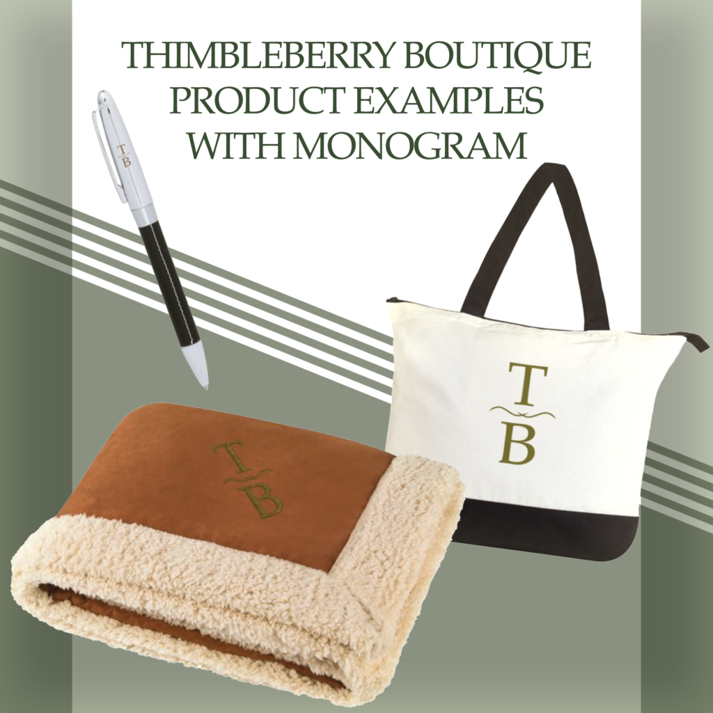 Thimbleberry Boutique Branding Products examples of a blanket, purse and pen