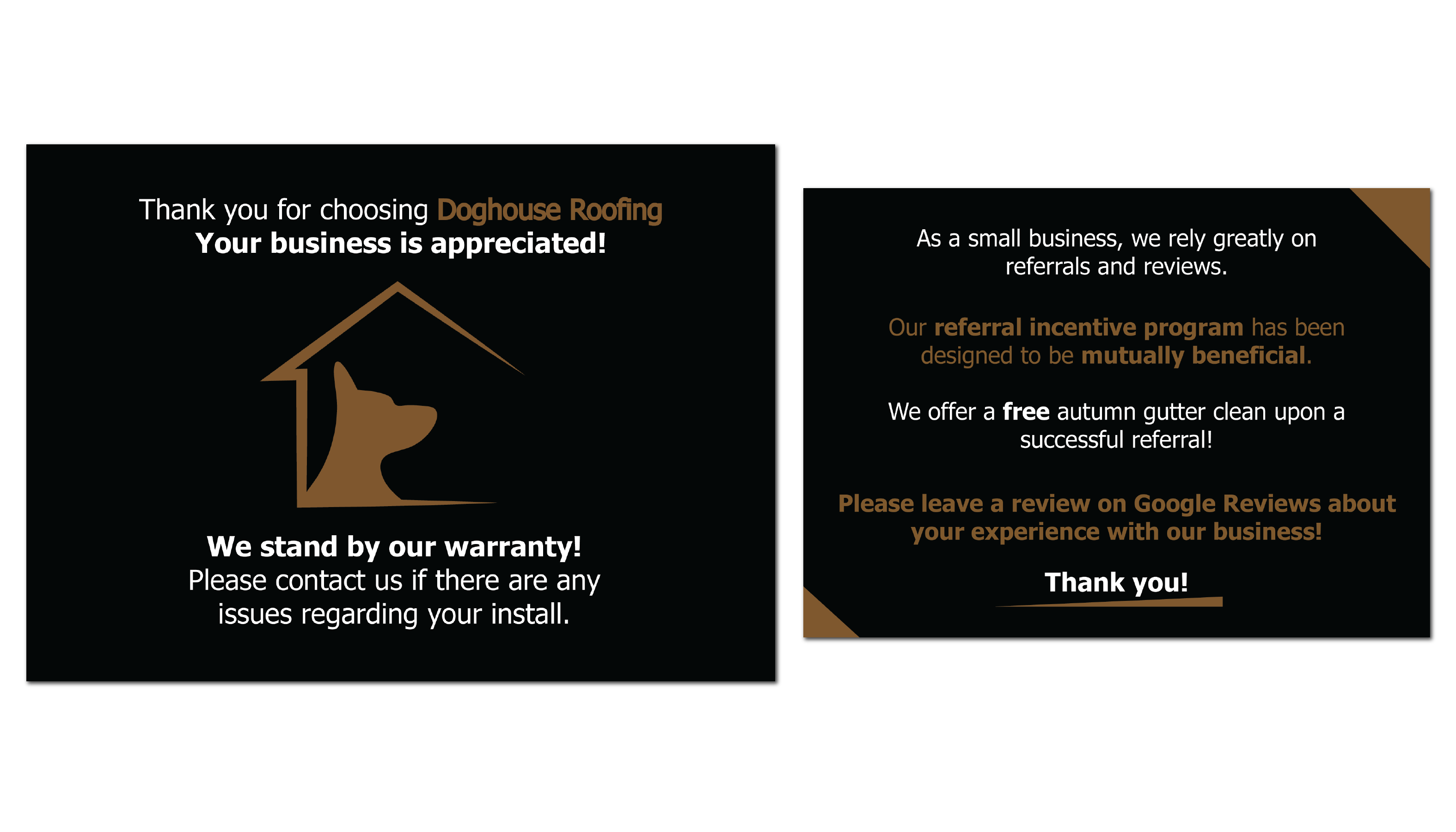 Doghouse roofing thank you card front and back black background with white and golden brown text with logo